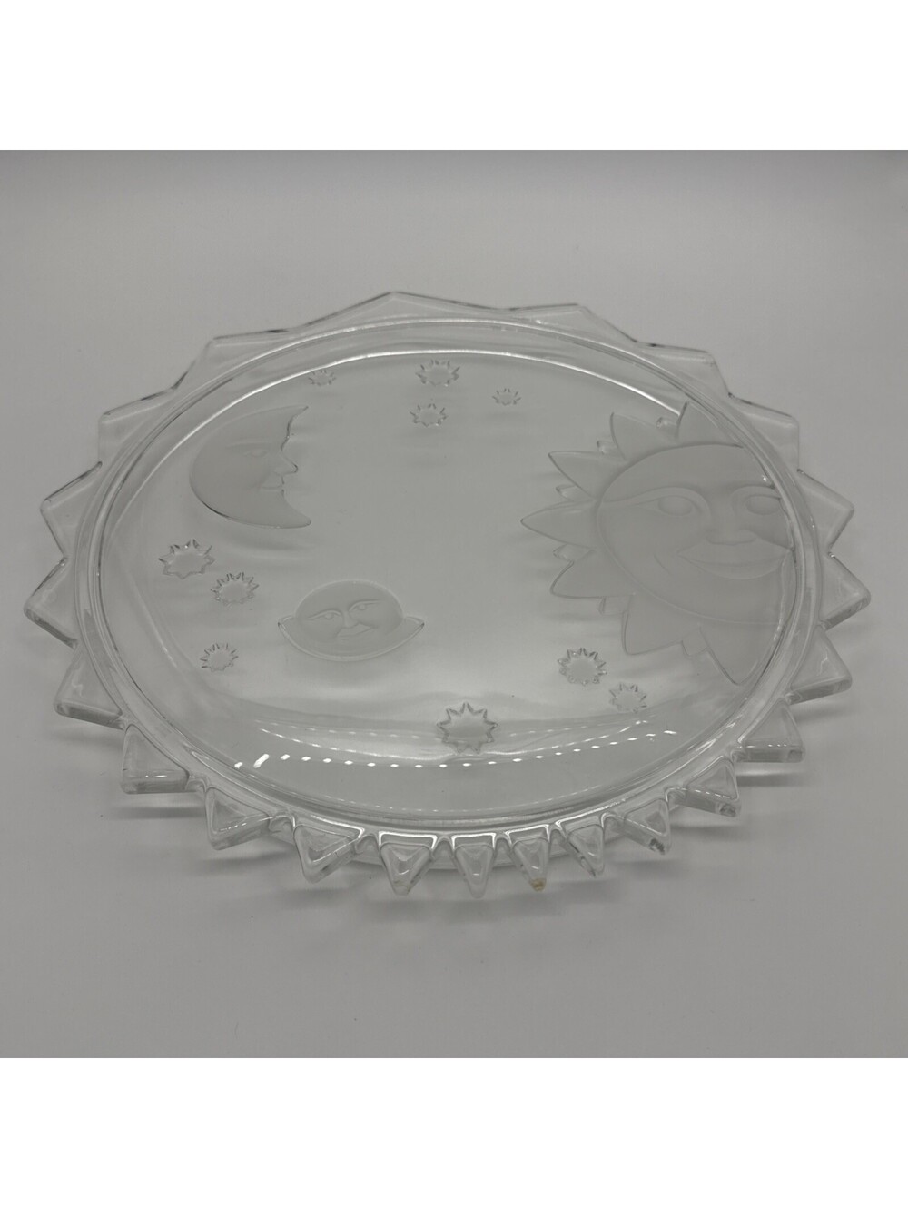 Vintage Celestial Glass Platter Sun Moon Stars 12” Round Serving Tray Clear